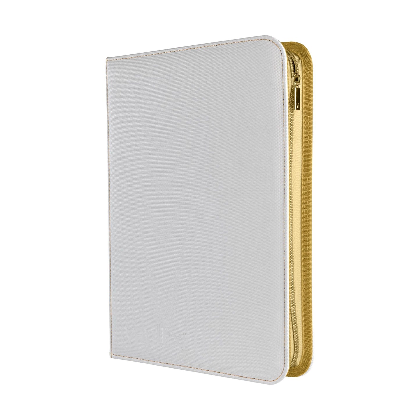 A Vault X zippered binder in white with gold stitching and zip, shown on a plain white background.